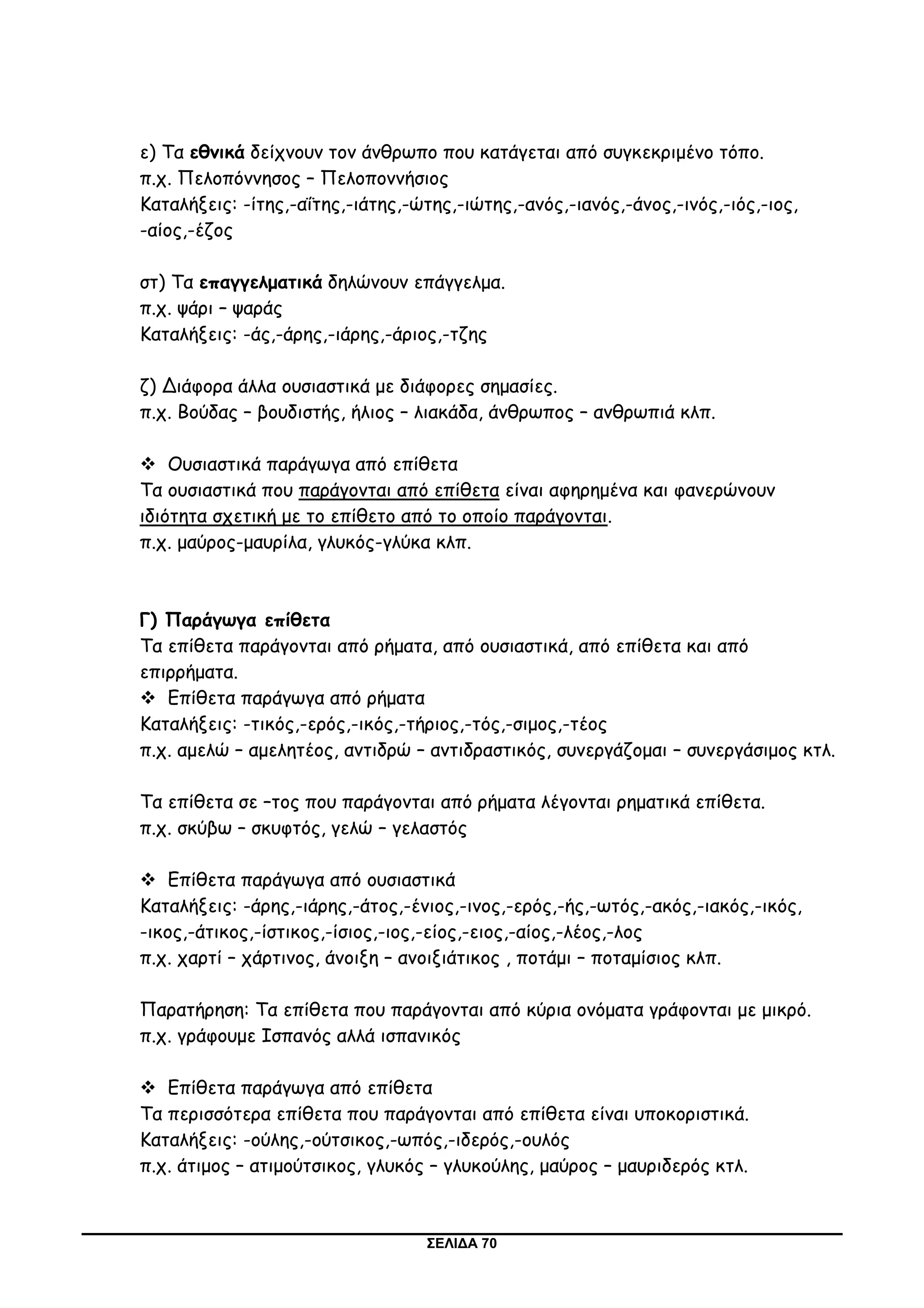 ΣΕΛΙΔΑ 70
ε) Τα εθνικά δείχνουν τον άνθρωπο που κατάγεται από συγκεκριμένο τόπο.
π.χ. Πελοπόννησος – Πελοποννήσιος
Καταλήξεις: -ίτης,-αΐτης,-ιάτης,-ώτης,-ιώτης,-ανός,-ιανός,-άνος,-ινός,-ιός,-ιος,
-αίος,-έζος
στ) Τα επαγγελματικά δηλώνουν επάγγελμα.
π.χ. ψάρι – ψαράς
Καταλήξεις: -άς,-άρης,-ιάρης,-άριος,-τζης
ζ) Διάφορα άλλα ουσιαστικά με διάφορες σημασίες.
π.χ. Βούδας – βουδιστής, ήλιος – λιακάδα, άνθρωπος – ανθρωπιά κλπ.
 Ουσιαστικά παράγωγα από επίθετα
Τα ουσιαστικά που παράγονται από επίθετα είναι αφηρημένα και φανερώνουν
ιδιότητα σχετική με το επίθετο από το οποίο παράγονται.
π.χ. μαύρος-μαυρίλα, γλυκός-γλύκα κλπ.
Γ) Παράγωγα επίθετα
Τα επίθετα παράγονται από ρήματα, από ουσιαστικά, από επίθετα και από
επιρρήματα.
 Επίθετα παράγωγα από ρήματα
Καταλήξεις: -τικός,-ερός,-ικός,-τήριος,-τός,-σιμος,-τέος
π.χ. αμελώ – αμελητέος, αντιδρώ – αντιδραστικός, συνεργάζομαι – συνεργάσιμος κτλ.
Τα επίθετα σε –τος που παράγονται από ρήματα λέγονται ρηματικά επίθετα.
π.χ. σκύβω – σκυφτός, γελώ – γελαστός
 Επίθετα παράγωγα από ουσιαστικά
Καταλήξεις: -άρης,-ιάρης,-άτος,-ένιος,-ινος,-ερός,-ής,-ωτός,-ακός,-ιακός,-ικός,
-ικος,-άτικος,-ίστικος,-ίσιος,-ιος,-είος,-ειος,-αίος,-λέος,-λος
π.χ. χαρτί – χάρτινος, άνοιξη – ανοιξιάτικος , ποτάμι – ποταμίσιος κλπ.
Παρατήρηση: Τα επίθετα που παράγονται από κύρια ονόματα γράφονται με μικρό.
π.χ. γράφουμε Ισπανός αλλά ισπανικός
 Επίθετα παράγωγα από επίθετα
Τα περισσότερα επίθετα που παράγονται από επίθετα είναι υποκοριστικά.
Καταλήξεις: -ούλης,-ούτσικος,-ωπός,-ιδερός,-ουλός
π.χ. άτιμος – ατιμούτσικος, γλυκός – γλυκούλης, μαύρος – μαυριδερός κτλ.
 