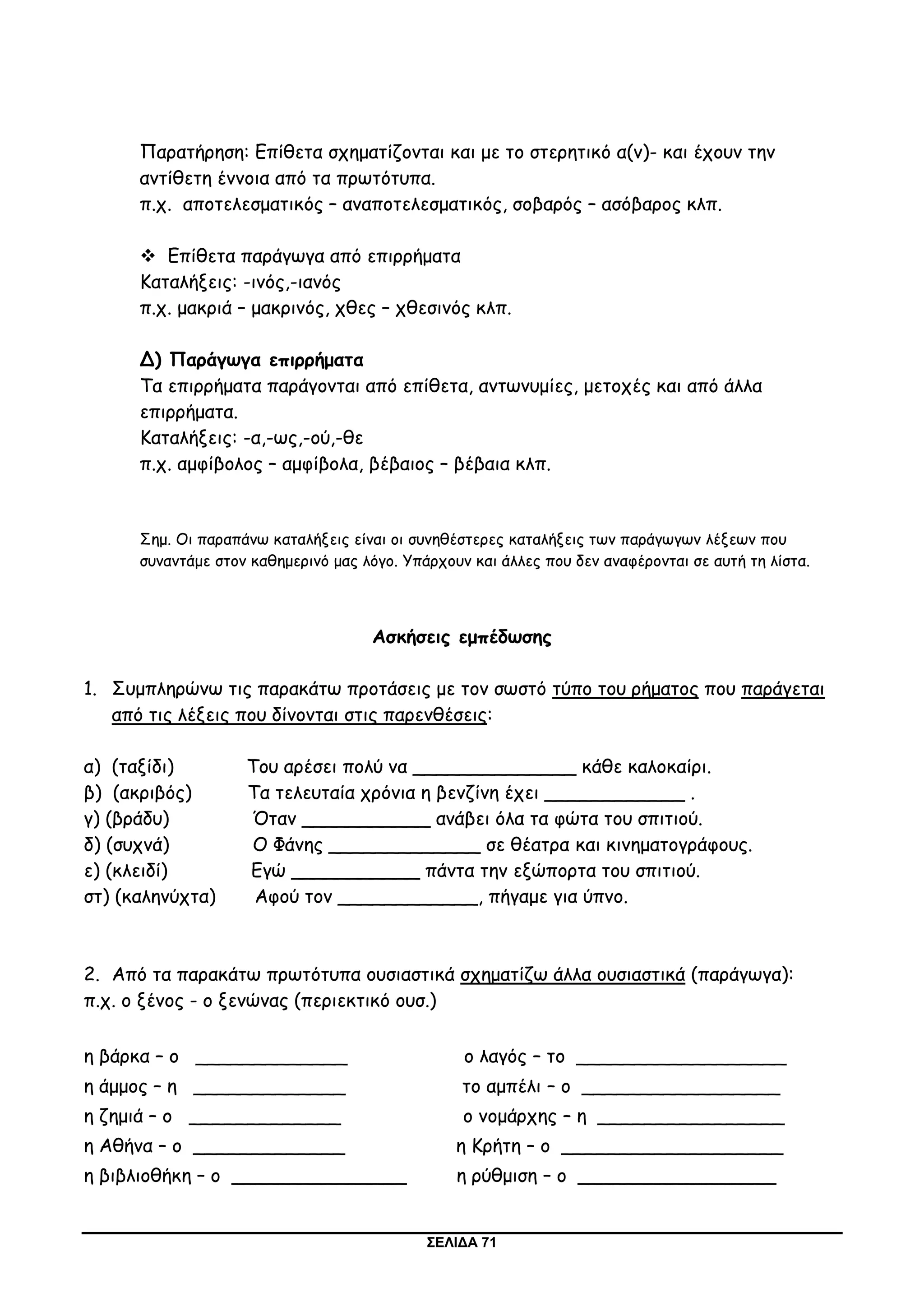 ΣΕΛΙΔΑ 71
Παρατήρηση: Επίθετα σχηματίζονται και με το στερητικό α(ν)- και έχουν την
αντίθετη έννοια από τα πρωτότυπα.
π.χ. αποτελεσματικός – αναποτελεσματικός, σοβαρός – ασόβαρος κλπ.
 Επίθετα παράγωγα από επιρρήματα
Καταλήξεις: -ινός,-ιανός
π.χ. μακριά – μακρινός, χθες – χθεσινός κλπ.
Δ) Παράγωγα επιρρήματα
Τα επιρρήματα παράγονται από επίθετα, αντωνυμίες, μετοχές και από άλλα
επιρρήματα.
Καταλήξεις: -α,-ως,-ού,-θε
π.χ. αμφίβολος – αμφίβολα, βέβαιος – βέβαια κλπ.
Σημ. Οι παραπάνω καταλήξεις είναι οι συνηθέστερες καταλήξεις των παράγωγων λέξεων που
συναντάμε στον καθημερινό μας λόγο. Υπάρχουν και άλλες που δεν αναφέρονται σε αυτή τη λίστα.
Ασκήσεις εμπέδωσης
1. Συμπληρώνω τις παρακάτω προτάσεις με τον σωστό τύπο του ρήματος που παράγεται
από τις λέξεις που δίνονται στις παρενθέσεις:
α) (ταξίδι) Του αρέσει πολύ να ______________ κάθε καλοκαίρι.
β) (ακριβός) Τα τελευταία χρόνια η βενζίνη έχει ____________ .
γ) (βράδυ) Όταν ___________ ανάβει όλα τα φώτα του σπιτιού.
δ) (συχνά) Ο Φάνης _____________ σε θέατρα και κινηματογράφους.
ε) (κλειδί) Εγώ ___________ πάντα την εξώπορτα του σπιτιού.
στ) (καληνύχτα) Αφού τον ____________, πήγαμε για ύπνο.
2. Από τα παρακάτω πρωτότυπα ουσιαστικά σχηματίζω άλλα ουσιαστικά (παράγωγα):
π.χ. ο ξένος - ο ξενώνας (περιεκτικό ουσ.)
η βάρκα – ο _____________ ο λαγός – το __________________
η άμμος – η _____________ το αμπέλι – ο _________________
η ζημιά – ο _____________ ο νομάρχης – η ________________
η Αθήνα – ο _____________ η Κρήτη – ο ___________________
η βιβλιοθήκη – ο _______________ η ρύθμιση – ο _________________
 