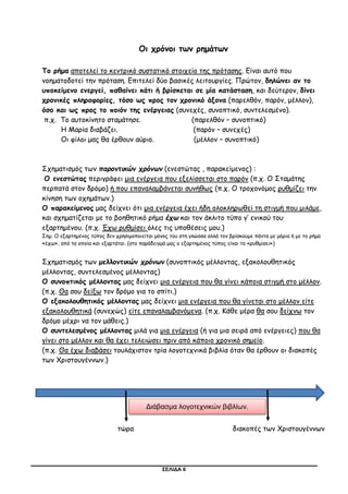 ΣΕΛΙΔΑ 6
Οι χρόνοι των ρημάτων
Το ρήμα αποτελεί το κεντρικό συστατικό στοιχείο της πρότασης. Είναι αυτό που
νοηματοδοτεί την πρόταση. Επιτελεί δύο βασικές λειτουργίες. Πρώτον, δηλώνει αν το
υποκείμενο ενεργεί, παθαίνει κάτι ή βρίσκεται σε μία κατάσταση, και δεύτερον, δίνει
χρονικές πληροφορίες, τόσο ως προς τον χρονικό άξονα (παρελθόν, παρόν, μέλλον),
όσο και ως προς το ποιόν της ενέργειας (συνεχές, συνοπτικό, συντελεσμένο).
π.χ. Το αυτοκίνητο σταμάτησε. (παρελθόν – συνοπτικό)
Η Μαρία διαβάζει. (παρόν – συνεχές)
Οι φίλοι μας θα έρθουν αύριο. (μέλλον – συνοπτικό)
Σχηματισμός των παροντικών χρόνων (ενεστώτας , παρακείμενος) :
Ο ενεστώτας περιγράφει μια ενέργεια που εξελίσσεται στο παρόν (π.χ. Ο Σταμάτης
περπατά στον δρόμο) ή που επαναλαμβάνεται συνήθως (π.χ. Ο τροχονόμος ρυθμίζει την
κίνηση των οχημάτων.)
Ο παρακείμενος μας δείχνει ότι μια ενέργεια έχει ήδη ολοκληρωθεί τη στιγμή που μιλάμε,
και σχηματίζεται με το βοηθητικό ρήμα έχω και τον άκλιτο τύπο γ’ ενικού του
εξαρτημένου. (π.χ. Έχω ρυθμίσει όλες τις υποθέσεις μου.)
Σημ. Ο εξαρτημένος τύπος δεν χρησιμοποιείται μόνος του στη γλώσσα αλλά τον βρίσκουμε πάντα με μόρια ή με το ρήμα
«έχω», από τα οποία και εξαρτάται. (στο παράδειγμά μας ο εξαρτημένος τύπος είναι το «ρυθμίσει»)
Σχηματισμός των μελλοντικών χρόνων (συνοπτικός μέλλοντας, εξακολουθητικός
μέλλοντας, συντελεσμένος μέλλοντας)
Ο συνοπτικός μέλλοντας μας δείχνει μια ενέργεια που θα γίνει κάποια στιγμή στο μέλλον.
(π.χ. Θα σου δείξω τον δρόμο για το σπίτι.)
Ο εξακολουθητικός μέλλοντας μας δείχνει μια ενέργεια που θα γίνεται στο μέλλον είτε
εξακολουθητικά (συνεχώς) είτε επαναλαμβανόμενα. (π.χ. Κάθε μέρα θα σου δείχνω τον
δρόμο μέχρι να τον μάθεις.)
Ο συντελεσμένος μέλλοντας μιλά για μια ενέργεια (ή για μια σειρά από ενέργειες) που θα
γίνει στο μέλλον και θα έχει τελειώσει πριν από κάποιο χρονικό σημείο.
(π.χ. Θα έχω διαβάσει τουλάχιστον τρία λογοτεχνικά βιβλία όταν θα έρθουν οι διακοπές
των Χριστουγέννων.)
τώρα διακοπές των Χριστουγέννων
Διάβασμα λογοτεχνικών βιβλίων.
 