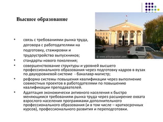 Высшее образование
• связь с требованиями рынка труда,
договора с работодателями на
подготовку, стажировки и
трудоустройство выпускников;
• стандарты нового поколения;
• совершенствование структуры и уровней высшего
профессионального образования через подготовку кадров в вузах
по двухуровневой системе - бакалавр-магистр;
• реформа системы повышения квалификации через выполнение
совместных проектов в работодателями по повышению
квалификации преподавателей.
• Адаптация экономически активного населения к быстро
меняющимся требованиям рынка труда через расширение охвата
взрослого населения программами дополнительного
профессионального образования (и в том числе – краткосрочных
курсов), профессионального развития и переподготовки.
 