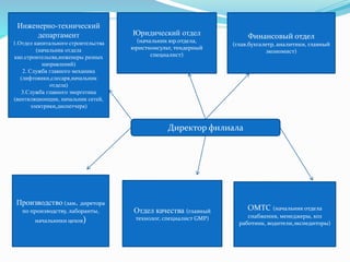 Директор филиала
Инженерно-технический
департамент
1.Отдел капитального строительства
(начальник отдела
кап.строительсва,инженеры разных
направлений)
2. Служба главного механика
(лифтовики,слесаря,начальник
отдела)
3.Служба главного энергетика
(вентиляционщик, начальник сетей,
электрики,диспетчера)
Юридический отдел
(начальник юр.отдела,
юристконсульт, тендерный
специалист)
ОМТС (начальник отдела
снабжения, менеджеры, хоз
работник, водители,экспедиторы)
Финансовый отдел
(глав.бухгалетр, аналитики, главный
экономист)
Отдел качества (главный
технолог, специалист GMP)
Производство (зам. диретора
по производству, лаборанты,
начальники цехов)
 