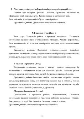11
2. Різновид матеріалудляроботи відповідно до видуіграшок (8 год)
Поняття про матеріли, фактуру тканини. Правильне поєднання та
оформлення очей, носиків, перук. Техніки та види з’єднувальних швів.
Типи швів та їх індивідуальний підбір до кожної роботи.
Практична робота. Дослідження властивостей матеріалів.
3. Іграшка з хутра(28год )
Види хутра. Технологія роботи з хутряним матеріалом. Технологія
виготовлення іграшки згідно з технологічним процесом. Робота з фурнітурою.
Види наповнювачів, які підходять до вибраного матеріалу, процес наповнювання
іграшки.
Практична робота. Виконання ескізів;виготовлення викройок;
перенесення викройокна тканину; оформлення готової іграшки;пришивання очей,
носиків, рота, мордочки, пошив одягу, якщо такий запланований у ескізі.
4. Ляльки-маріонетки (28год)
Відвідування лялькового гуртка з метою пошуку персонажів, їх
обговорення та затвердження ескізів для подальшої роботи. Розвиток уміння
передати характер персонажу, його настрій. Дотримання пропорцій ляльки.
Практична робота.Виконання ескізів, виготовлення викройок; пошив
маріонетки;оформлення лиця, або мордочки;з’єднання тіла з головою, техніки
виконання з’єднувальних швів;виготовлення держаків для маріонеток;способи
з’єднання готових деталей (маріонетки, з держаком).
5.Іграшки зі шкарпеток (24 год )
Ознайомлення з процесом роботи, наповнювачами. Технологія
виготовлення іграшки зі шкарпеток. Підготовка шаблонів, каркасів для іграшок.
Викроювання деталей. Послідовність з’єднання деталей іграшки.
Практичнаробота.Виготовлення іграшки зі шкарпеток.
 