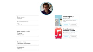 Имеет подписки в iTunes
Сейчас

Более пяти
Склонен к оттоку
Автомобилист
Сейчас
В течение трёх месяцев
Делает ремонт
Не имеет сбережений

Сейчас
Сейчас
Need$help$with$
renova0on?
Your%personal%loan%
5.9%%APR
VIEW NOT$INTERESTEDПОДРОБНЕЕ НЕ ИНТЕРЕСНО
Нужна помощь с
ремонтом?
Ваша персональная ставка от
21,5%
You have >5 iTunes
subscriptions
NOT INTERESTEDVIEW
Find out how to turn off the
useless ones
ПОДРОБНЕЕ НЕ ИНТЕРЕСНО
У вас более пяти
подписок в iTunes
Посмотрите, как отключить
ненужные подписки
 