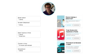 Имеет подписки в iTunes
Сейчас

Более пяти
Склонен к оттоку
Автомобилист
Сейчас
В течение трёх месяцев
Делает ремонт
Не имеет сбережений

Сейчас
Сейчас
Need$help$with$
renova0on?
Your%personal%loan%
5.9%%APR
VIEW NOT$INTERESTEDПОДРОБНЕЕ НЕ ИНТЕРЕСНО
Нужна помощь с
ремонтом?
Ваша персональная ставка от
21,5%
You have >5 iTunes
subscriptions
NOT INTERESTEDVIEW
Find out how to turn off the
useless ones
ПОДРОБНЕЕ НЕ ИНТЕРЕСНО
У вас более пяти
подписок в iTunes
Посмотрите, как отключить
ненужные подписки
ПОДРОБНЕЕ НЕ ИНТЕРЕСНО
Экономьте на бензине
с нами!
Получите карту с кэшбэком
3% на всех автозаправках
 