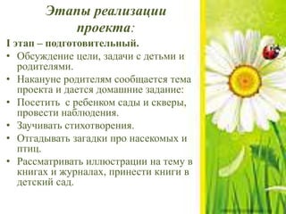 Этапы реализации
проекта:
I этап – подготовительный.
• Обсуждение цели, задачи с детьми и
родителями.
• Накануне родителям сообщается тема
проекта и дается домашние задание:
• Посетить с ребенком сады и скверы,
провести наблюдения.
• Заучивать стихотворения.
• Отгадывать загадки про насекомых и
птиц.
• Рассматривать иллюстрации на тему в
книгах и журналах, принести книги в
детский сад.
 