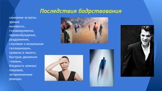 Последствия бодрствования
снижение остроты
зрения
онливость,
головокружения,
перевозбуждение,
раздражение,
слуховые и визуальные
галлюцинации,
провалы в памяти,
быстрые движения
глазами,
бледность кожных
покровов,
заторможенные
реакции.
 