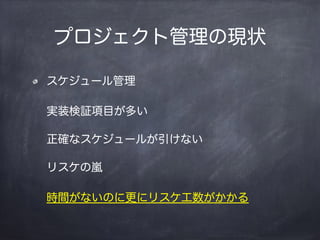 プロジェクト管理の現状
スケジュール管理
実装検証項目が多い
正確なスケジュールが引けない
リスケの嵐
時間がないのに更にリスケ工数がかかる
 
