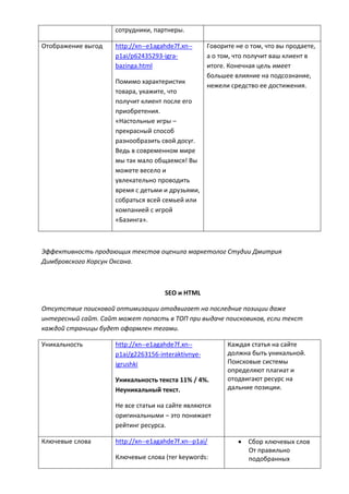 сотрудники, партнеры.
Отображение выгод http://xn--e1agahde7f.xn--
p1ai/p62435293-igra-
bazinga.html
Помимо характеристик
товара, укажите, что
получит клиент после его
приобретения.
«Настольные игры –
прекрасный способ
разнообразить свой досуг.
Ведь в современном мире
мы так мало общаемся! Вы
можете весело и
увлекательно проводить
время с детьми и друзьями,
собраться всей семьей или
компанией с игрой
«Базинга».
Говорите не о том, что вы продаете,
а о том, что получит ваш клиент в
итоге. Конечная цель имеет
большее влияние на подсознание,
нежели средство ее достижения.
Эффективность продающих текстов оценила маркетолог Студии Дмитрия
Димбровского Корсун Оксана.
SEO и HTML
Отсутствие поисковой оптимизации отодвигает на последние позиции даже
интересный сайт. Сайт может попасть в ТОП при выдаче поисковиков, если текст
каждой страницы будет оформлен тегами.
Уникальность http://xn--e1agahde7f.xn--
p1ai/g2263156-interaktivnye-
igrushki
Уникальность текста 11% / 4%.
Неуникальный текст.
Не все статьи на сайте являются
оригинальными – это понижает
рейтинг ресурса.
Каждая статья на сайте
должна быть уникальной.
Поисковые системы
определяют плагиат и
отодвигают ресурс на
дальние позиции.
Ключевые слова http://xn--e1agahde7f.xn--p1ai/
Ключевые слова (тег keywords:
 Сбор ключевых слов
От правильно
подобранных
 