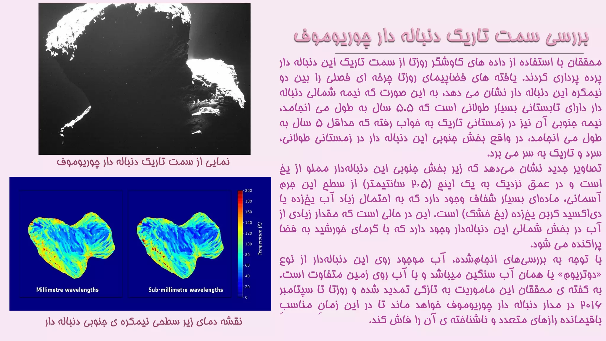 ‫محققان‬‫با‬‫استفاده‬‫از‬‫داده‬‫های‬‫کاوشگر‬‫روزتا‬‫از‬‫سمت‬‫تاریک‬‫این‬‫دنبا‬‫له‬‫دار‬
‫پرده‬‫پرداری‬‫کردند‬.‫یافته‬‫های‬‫فضاپیمای‬‫روزتا‬‫چرخه‬‫ای‬‫فصلی‬‫را‬‫بین‬‫د‬‫و‬
‫نیمکره‬‫این‬‫دنباله‬‫دار‬‫نشان‬‫می‬،‫دهد‬‫به‬‫این‬‫صورت‬‫که‬‫نیمه‬‫شمالی‬‫دن‬‫باله‬
‫دار‬‫دارای‬‫تابستانی‬‫بسیار‬‫طوالنی‬‫است‬‫که‬۵.۵‫سال‬‫به‬‫طول‬‫می‬،‫انجامد‬
‫نیمه‬‫جنوبی‬‫آن‬‫نیز‬‫در‬‫زمستانی‬‫تاریک‬‫به‬‫خواب‬‫رفته‬‫که‬‫حداقل‬۵‫سال‬‫به‬
‫طول‬‫می‬،‫انجامد‬‫در‬‫واقع‬‫بخش‬‫جنوبی‬‫این‬‫دنباله‬‫دار‬‫در‬‫زمستانی‬‫طوالنی‬،
‫سرد‬‫و‬‫تاریک‬‫به‬‫سر‬‫می‬‫برد‬.
‫تصاویر‬‫جدید‬‫نشان‬‫دهد‬‫می‬‫که‬‫زیر‬‫بخش‬‫جنوبی‬‫این‬‫دار‬‫دنباله‬‫مملو‬‫از‬‫ی‬‫خ‬
‫است‬‫و‬‫در‬‫عمق‬‫نزدیک‬‫به‬‫یک‬‫اینچ‬(۲٫۵‫سانتیمتر‬)‫از‬‫سطح‬‫این‬‫جرم‬
،‫آسمانی‬‫ای‬‫ماده‬‫بسیار‬‫شفاف‬‫وجود‬‫دارد‬‫که‬‫به‬‫احتمال‬‫زیاد‬‫آب‬‫زده‬‫یخ‬‫یا‬
‫اکسید‬‫دی‬‫کربن‬‫زده‬‫یخ‬(‫یخ‬‫خشک‬)‫است‬.‫این‬‫در‬‫حالی‬‫است‬‫که‬‫مقدار‬‫زیادی‬‫از‬
‫آب‬‫در‬‫بخش‬‫شمالی‬‫این‬‫دار‬‫دنباله‬‫وجود‬‫دارد‬‫که‬‫با‬‫گرمای‬‫خورشید‬‫به‬‫فض‬‫ا‬
‫پراکنده‬‫می‬‫شود‬.
‫با‬‫توجه‬‫به‬‫های‬‫بررسی‬،‫شده‬‫انجام‬‫آب‬‫موجود‬‫روی‬‫این‬‫دار‬‫دنباله‬‫از‬‫نوع‬
«‫دوتریوم‬»‫یا‬‫همان‬‫آب‬‫سنگین‬‫میباشد‬‫و‬‫با‬‫آب‬‫روی‬‫زمین‬‫متفاوت‬‫اس‬‫ت‬.
‫به‬‫گفته‬‫ی‬‫محققان‬‫این‬‫ماموریت‬‫به‬‫تازگی‬‫تمدید‬‫شده‬‫و‬‫روزتا‬‫تا‬‫س‬‫پتامبر‬
۲۰1۶‫در‬‫مدار‬‫دنباله‬‫دار‬‫چوریوموف‬‫خواهد‬‫ماند‬‫تا‬‫در‬‫این‬ِ‫ن‬‫زما‬ِ‫ب‬‫مناس‬
‫باقیمانده‬‫رازهای‬‫متعدد‬‫و‬‫ناشناخته‬‫ی‬‫آن‬‫را‬‫فاش‬‫کند‬.
‫چوریوموف‬ ‫دار‬ ‫دنباله‬ ‫تاریک‬ ‫سمت‬ ‫از‬ ‫نمایی‬
‫دنبال‬ ‫جنوبی‬ ‫ی‬ ‫نیمکره‬ ‫سطحی‬ ‫زیر‬ ‫دمای‬ ‫نقشه‬‫دار‬ ‫ه‬
 