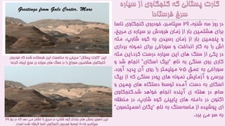 ‫در‬‫روز‬‫سه‬،‫شنبه‬۲9،‫سپتامبر‬‫خودروی‬‫کنجکاوی‬‫ناس‬‫ا‬
‫برای‬‫هشتمین‬‫بار‬‫از‬‫زمان‬‫فرودش‬‫بر‬‫سیاره‬‫ی‬‫مری‬،‫خ‬
‫و‬‫پنجمین‬‫بار‬‫از‬‫زمان‬‫رسیدن‬‫به‬‫کوه‬،‫شارپ‬‫مته‬
‫اش‬‫را‬‫به‬‫کار‬‫انداخت‬‫و‬‫سوراخی‬‫برای‬‫نمونه‬‫برداری‬
‫در‬‫یکی‬‫از‬‫سنگ‬‫های‬‫این‬‫سیاره‬‫درست‬‫کرد‬.‫این‬‫مت‬‫ه‬
‫کاری‬‫روی‬‫سنگی‬‫به‬‫نام‬“‫بیگ‬‫اسکای‬”‫انجام‬‫ش‬‫د‬‫و‬
‫سوراخی‬‫به‬‫عمق‬۶۵‫میلیمتر‬‫را‬‫روی‬‫آن‬‫پدید‬‫آورد‬.
‫بررسی‬‫و‬‫آزمایش‬‫نمونه‬‫های‬‫پودر‬‫سنگی‬‫که‬‫از‬‫ب‬‫یگ‬
‫اسکای‬‫به‬‫دست‬‫آمده‬‫توسط‬‫دستگاه‬‫های‬‫چمین‬‫و‬
‫سام‬‫در‬‫هفته‬‫ی‬‫آینده‬‫انجام‬‫خواهد‬‫شد‬.‫کنجکاوی‬
‫اکنون‬‫در‬‫دامنه‬‫های‬‫پایینی‬‫کوه‬،‫شارپ‬‫در‬‫منطقه‬
‫ای‬‫پوشیده‬‫از‬‫سنگ‬‫ماسه‬‫به‬‫نام‬“‫یگان‬‫اسمیت‬‫سون‬”
‫به‬‫سر‬‫می‬‫برد‬.
‫این‬“‫پستال‬ ‫کارت‬”‫خودروی‬ ‫که‬ ‫شده‬ ‫فرستاده‬ ‫این‬ ‫مناسبت‬ ‫به‬ ‫مریخی‬
‫کرده‬ ‫ایجاد‬ ‫سرخ‬ ‫ی‬ ‫سیاره‬ ‫های‬ ‫سنگ‬ ‫در‬ ‫را‬ ‫سوراخ‬ ‫هشتمین‬ ‫کنجکاوی‬!
‫روز‬ ‫در‬ ‫که‬ ‫دهد‬ ‫می‬ ‫نشان‬ ‫را‬ ‫مریخ‬ ‫در‬ ‫شارپ‬ ‫کوه‬ ‫بلندتر‬ ‫های‬ ‫بخش‬ ‫تصویر‬ ‫این‬۲9
‫سپتامبر‬۲۰1۵‫است‬ ‫شده‬ ‫گرفته‬ ‫ناسا‬ ‫کنجکاوی‬ ‫خودروی‬ ‫توسط‬.
 