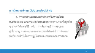 การวิเคราะห์งาน (Job analysis) ต่อ
3. การรวบรวมสารสนเทศจากการวิเคราะห์งาน
(Collect job analysis information) การรวบรวมข้อมูลต่าง
ๆ อาจทาได้หลายวิธี เช่น การสัมภาษณ์ การสอบถาม
ผู้เชี่ยวชาญ การส่งแบบสอบถามไปทางไปรษณีย์ การพิจารณา
บันทึกประจาวันในการปฏิบัติงานของคนงาน และการสังเกต
23
 
