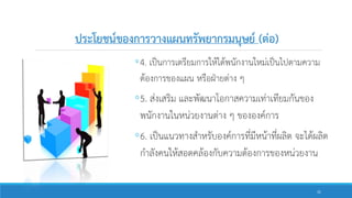ประโยชน์ของการวางแผนทรัพยากรมนุษย์ (ต่อ)
◦4. เป็นการเตรียมการให้ได้พนักงานใหม่เป็นไปตามความ
ต้องการของแผน หรือฝ่ายต่าง ๆ
◦5. ส่งเสริม และพัฒนาโอกาสความเท่าเทียมกันของ
พนักงานในหน่วยงานต่าง ๆ ขององค์การ
◦6. เป็นแนวทางสาหรับองค์การที่มีหน้าที่ผลิต จะได้ผลิต
กาลังคนให้สอดคล้องกับความต้องการของหน่วยงาน
31
 