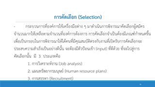 การคัดเลือก (Selection)
- กระบวนการที่องค์การใช้เครื่องมือต่าง ๆ มาดาเนินการพิจารณาคัดเลือกผู้สมัคร
จานวนมากให้เหลือตามจานวนที่องค์การต้องการ การคัดเลือกจาเป็นต้องมีเกณฑ์กาหนดขึ้น
เพื่อเป็นกรอบในการพิจารณาให้ได้คนที่มีคุณสมบัติตรงกับงานที่เปิดรับการคัดเลือกจะ
ประสบความสาเร็จเป็นอย่างดีนั้น จะต้องมีตัวป้อนเข้า (input) ที่ดีด้วย ที่จะไปสู่การ
คัดเลือกนั้น มี 3 ประเภทคือ
1. การวิเคราะห์งาน (Job analysis)
2. แผนทรัพยากรมนุษย์ (Human resource plans)
3. การสรรหา (Recruitment)
41
 