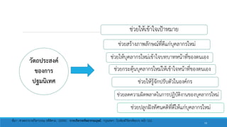 วัตถประสงค์
ของการ
ปฐมนิเทศ
ช่วยให้เข้าใจเป้าหมาย
ช่วยสร้างภาพลักษณ์ที่ดีแก่บุคลากรใหม่
ช่วยให้บุคลากรใหม่เข้าใจบทบาทหน้าที่ของตนเอง
ช่วยกระตุ้นบุคลากรใหม่ให้เข้าใจหน้าที่ของตนเอง
ช่วยให้รู้จักปรับตัวในองค์กร
ช่วยลดความผิดพลาดในการปฏิบัติงานของบุคลากรใหม่
ช่วยปลูกฝังทัศนคติที่ดีให้แก่บุคลากรใหม่
ที่มา : ศาสตราจารย์วิลาวรรณ รพีพิศาล. (2554). การบริหารทรัพยากรมนุษย์. กรุงเทพฯ : โรงพิมพ์วิจิตรหัตถกร. หน้า 122.
53
 