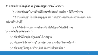 2. ผลประโยชน์ต่อผู้จัดการ ผู้บังคับบัญชา หรือหัวหน้างาน
2.1 ประหยัดเวลาในการที่จะใช้สอน หรือแนะนางานต่าง ๆ ให้กับพนักงาน
2.2 ประหยัดเวลาที่จะใช้ควบคุมดูแล สามารถเอาเวลาไปใช้ในการวางแผนงาน และ
บริหารด้านอื่นได้
2.3 ทาให้พนักงานสามารถทางานร่วมกันได้อย่างมีประสิทธิภาพ
3. ผลประโยชน์ต่อองค์การ
3.1 ช่วยทาให้ผลผลิต มีคุณภาพได้มาตรฐาน
3.2 ช่วยลดค่าใช้จ่ายต่าง ๆ ในการซ่อมแซม และบารุงรักษาเครื่องจักร
3.3 ช่วยลดอุบัติเหตุ การสิ้นเปลือง และการเสียหายต่าง ๆ
58
 