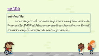 สรุปได้ว่า
แหล่งเรียนรู้ คือ
สถานที่หรือศูนย์รวมที่ประกอบด้วยข้อมูลข่าวสาร ความรู้ ที่สามารถนามาจัด
กิจกรรมกาเรียนรู้ให้ผู้เรียนได้พัฒนาตามธรรมชาติ และเต็มตามศักยภาพ มีความรู้
สามารถนาความรู้ไปใช้ในชีวิตประจาวัน และเรียนรู้อย่างต่อเนื่อง
 