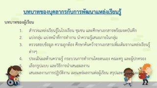 บทบาทของบุคลากรกับการพัฒนาแหล่งเรียนรู้
บทบาทของผู้เรียน
1. สารวจแหล่งเรียนรู้ในโรงเรียน ชุมชน และศึกษาเอกสารพร้อมจดบันทึก
2. แบ่งกลุ่ม แบ่งหน้าที่การทางาน นาความรู้เสนอภายในกลุ่ม
3. ตรวจสอบข้อมูล ความถูกต้อง ศึกษาค้นคว้าจากเอกสารเพิ่มเติมจากแหล่งเรียนรู้
ต่างๆ
4. ประเมินผลด้านความรู้ กระบวนการทางานโดยตนเอง คณะครู และผู้ปกครอง
5. เลือกรูปแบบ และวิธีการนาเสนอผลงาน
6. เสนอผลงานการปฏิบัติงาน เผยแพร่ผลงานต่อผู้เรียน สรุปและประเมินผล
 
