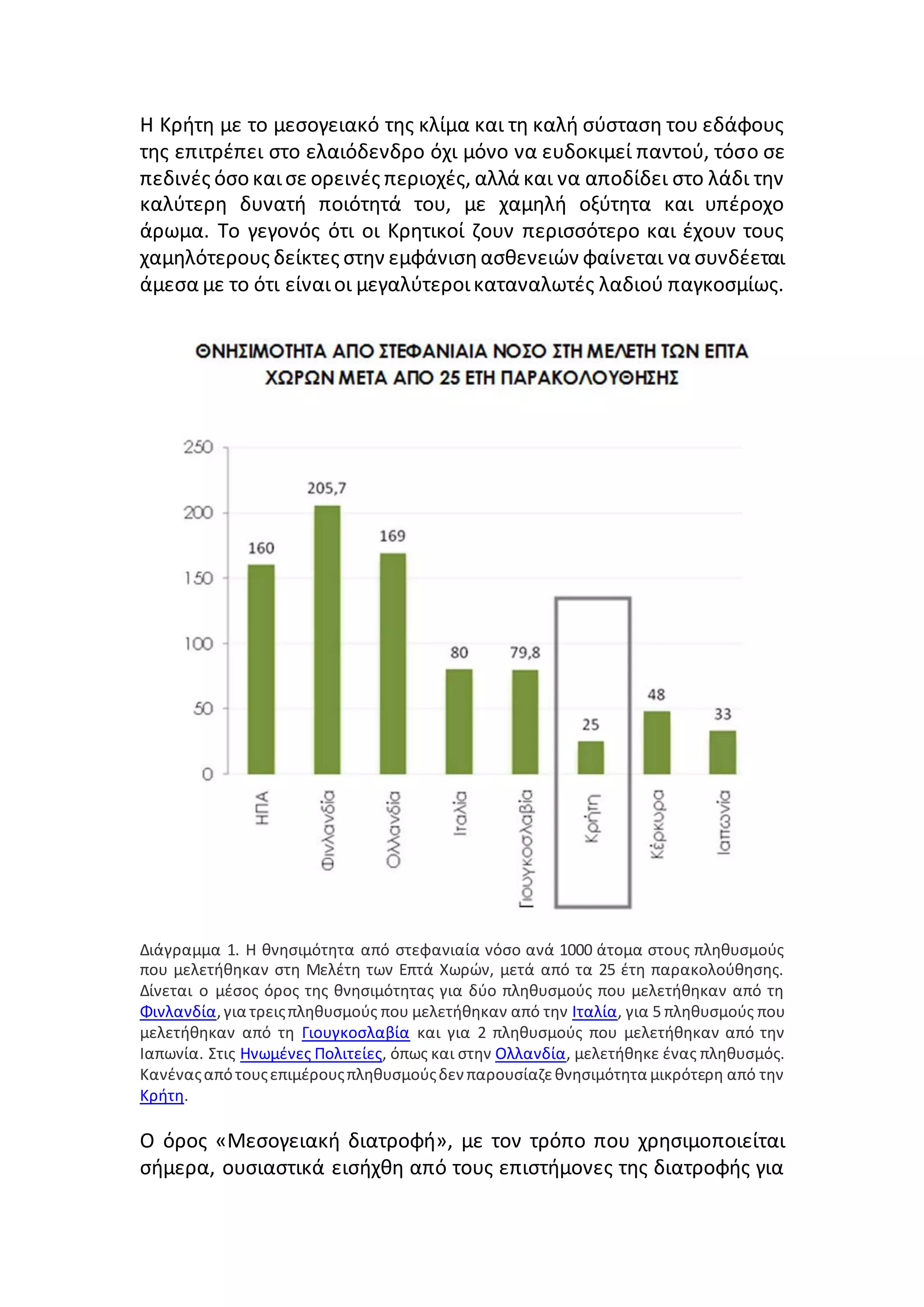 Η Κρήτη με το μεσογειακό της κλίμα και τη καλή σύσταση του εδάφους
της επιτρέπει στο ελαιόδενδρο όχι μόνο να ευδοκιμεί παντού, τόσο σε
πεδινές όσο καισε ορεινές περιοχές, αλλά και να αποδίδει στο λάδι την
καλύτερη δυνατή ποιότητά του, με χαμηλή οξύτητα και υπέροχο
άρωμα. Το γεγονός ότι οι Κρητικοί ζουν περισσότερο και έχουν τους
χαμηλότερους δείκτες στην εμφάνισηασθενειών φαίνεται να συνδέεται
άμεσα με το ότι είναιοι μεγαλύτεροικαταναλωτές λαδιού παγκοσμίως.
Διάγραμμα 1. Η θνησιμότητα από στεφανιαία νόσο ανά 1000 άτομα στους πληθυσμούς
που μελετήθηκαν στη Μελέτη των Επτά Χωρών, μετά από τα 25 έτη παρακολούθησης.
Δίνεται ο μέσος όρος της θνησιμότητας για δύο πληθυσμούς που μελετήθηκαν από τη
Φινλανδία,για τρειςπληθυσμούς που μελετήθηκαν από την Ιταλία, για 5 πληθυσμούς που
μελετήθηκαν από τη Γιουγκοσλαβία και για 2 πληθυσμούς που μελετήθηκαν από την
Ιαπωνία. Στις Ηνωμένες Πολιτείες, όπως και στην Ολλανδία, μελετήθηκε ένας πληθυσμός.
Κανέναςαπότουςεπιμέρουςπληθυσμούςδεν παρουσίαζεθνησιμότητα μικρότερη από την
Κρήτη.
Ο όρος «Μεσογειακή διατροφή», με τον τρόπο που χρησιμοποιείται
σήμερα, ουσιαστικά εισήχθη από τους επιστήμονες της διατροφής για
 
