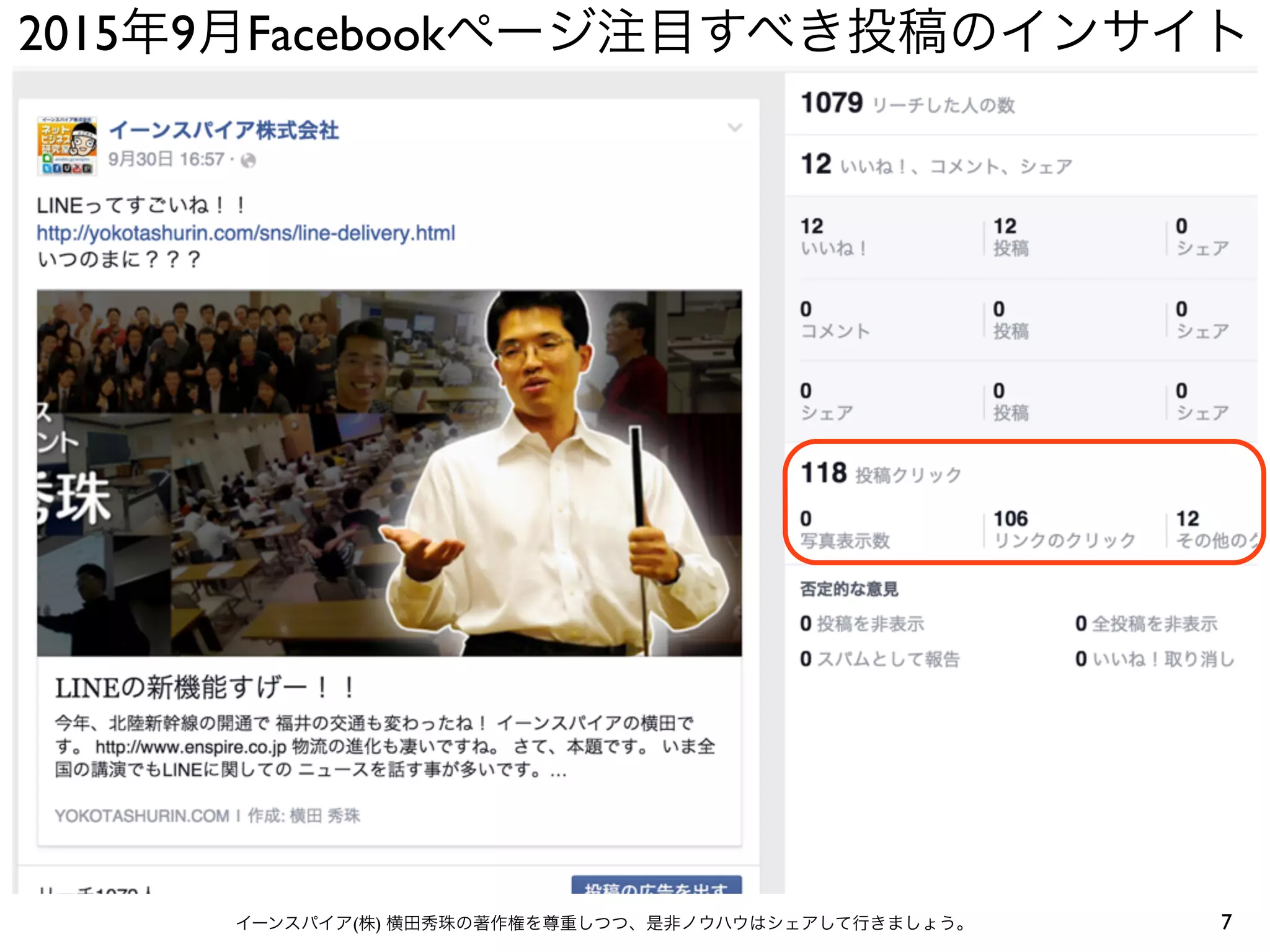2015年9月Facebookページ注目すべき投稿のインサイト
7イーンスパイア(株) 横田秀珠の著作権を尊重しつつ、是非ノウハウはシェアして行きましょう。
 