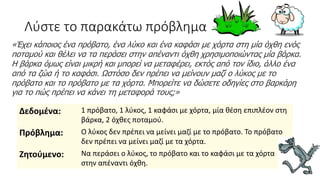 Λύστε το παρακάτω πρόβλημα
Δεδομένα: 1 πρόβατο, 1 λύκος, 1 καφάσι με χόρτα, μία θέση επιπλέον στη
βάρκα, 2 όχθες ποταμού.
Πρόβλημα: Ο λύκος δεν πρέπει να μείνει μαζί με το πρόβατο. Το πρόβατο
δεν πρέπει να μείνει μαζί με τα χόρτα.
Ζητούμενο: Να περάσει ο λύκος, το πρόβατο και το καφάσι με τα χόρτα
στην απέναντι όχθη.
«Έχει κάποιος ένα πρόβατο, ένα λύκο και ένα καφάσι με χόρτα στη μία όχθη ενός
ποταμού και θέλει να τα περάσει στην απέναντι όχθη χρησιμοποιώντας μία βάρκα.
Η βάρκα όμως είναι μικρή και μπορεί να μεταφέρει, εκτός από τον ίδιο, άλλο ένα
από τα ζώα ή το καφάσι. Ωστόσο δεν πρέπει να μείνουν μαζί ο λύκος με το
πρόβατο και το πρόβατο με τα χόρτα. Μπορείτε να δώσετε οδηγίες στο βαρκάρη
για το πώς πρέπει να κάνει τη μεταφορά τους;»
 