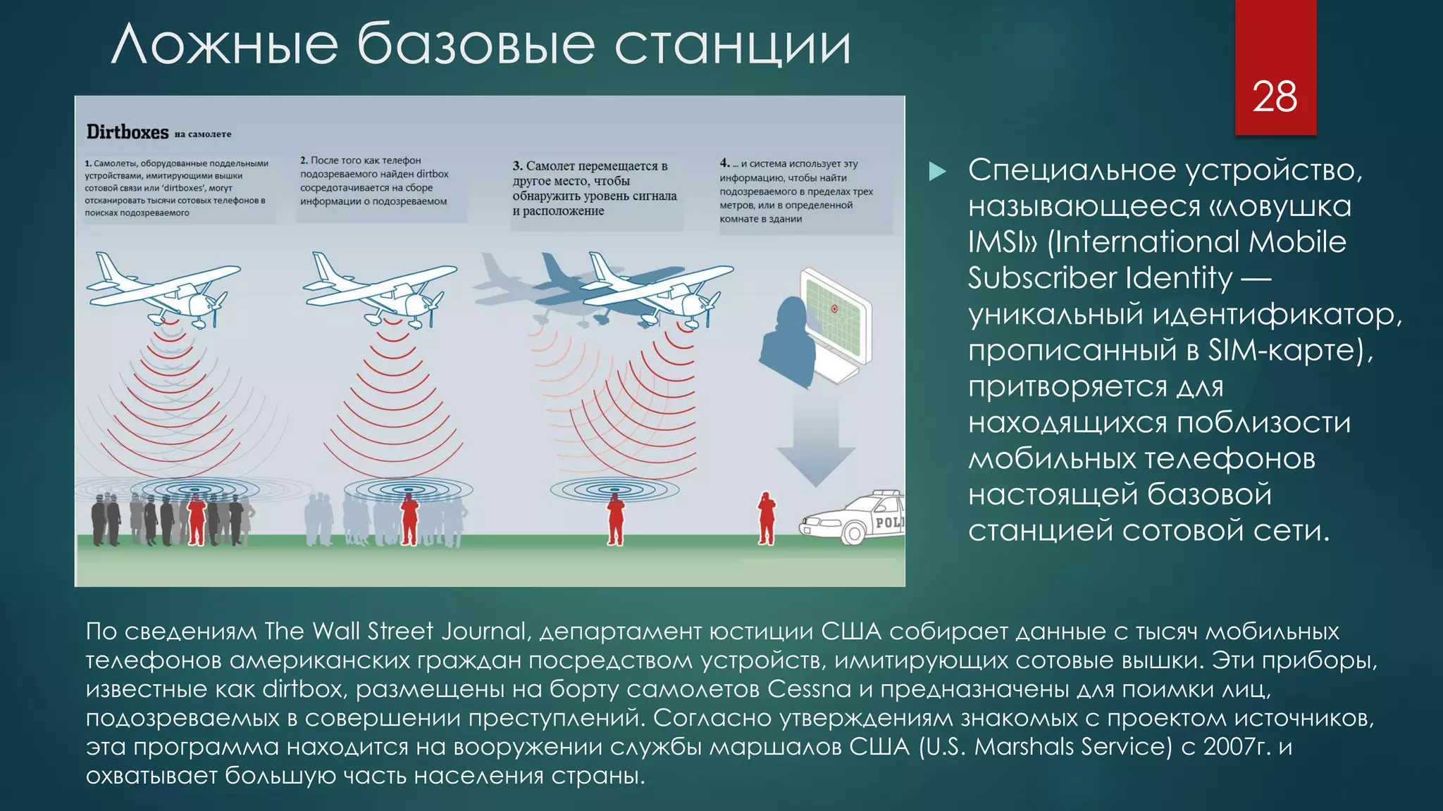 Ложные базовые станции
 Специальное устройство,
называющееся «ловушка
IMSI» (International Mobile
Subscriber Identity —
уникальный идентификатор,
прописанный в SIM-карте),
притворяется для
находящихся поблизости
мобильных телефонов
настоящей базовой
станцией сотовой сети.
По сведениям The Wall Street Journal, департамент юстиции США собирает данные с тысяч мобильных
телефонов американских граждан посредством устройств, имитирующих сотовые вышки. Эти приборы,
известные как dirtbox, размещены на борту самолетов Cessna и предназначены для поимки лиц,
подозреваемых в совершении преступлений. Согласно утверждениям знакомых с проектом источников,
эта программа находится на вооружении службы маршалов США (U.S. Marshals Service) с 2007г. и
охватывает большую часть населения страны.
28
 