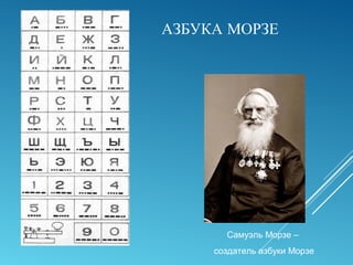 АЗБУКА МОРЗЕ
Самуэль Морзе –
создатель азбуки Морзе
 