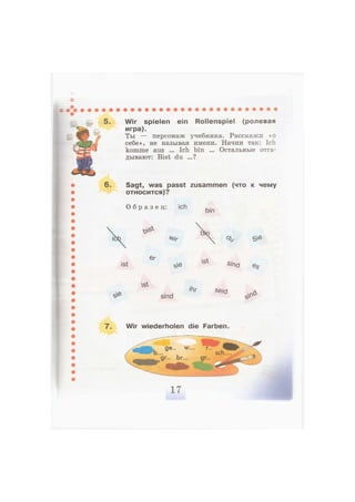 5.
6.
Wir spielen ein Rollenspiel (ролевая
игра).
Ты — персонаж учебника. Расскажи «о
себе», не называя имени. Начни так: Ich
komme aus ... Ich bin ... Остальные отга-
дывают: Bist du ...?
Sagt, was passt zusammen (что к чему
относится)?
О б р а з е ц : ich
bin
ist
er
se st si
nd es
st
ihr
& sind SQid
^
7. Wir wiederholen die Farben.
 