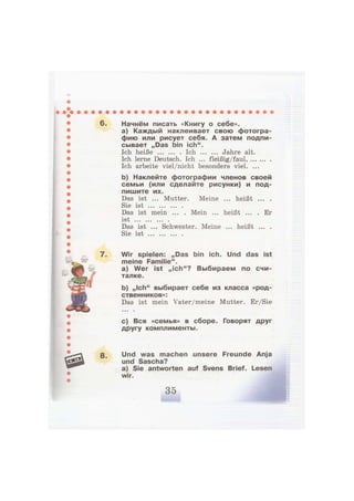 8.
Начнём писать «Книгу о себе».
a) Каждый наклеивает свою фотогра-
фию или рисует себя. А затем подпи-
сывает „Das bin ich".
Ich heiße Ich Jahre alt.
Ich lerne Deutsch. Ich ... fleißig/faul,
Ich arbeite viel/nicht besonders viel. ...
b) Наклейте фотографии членов своей
семьи (или сделайте рисунки) и под-
пишите их.
Das ist ... Mutter. Meine ... heißt ... .
Sie xsl; ••• ••• ••• •
Das ist mein ... . Mein ... heißt ... . Er
14t
JLO U • • • • • • • • • •
Das ist ... Schwester. Meine ... heißt ... .
SlG ist ••• ••• ••• •
Wir spielen: „Das bin ich. Und das ist
meine Familie".
a) Wer ist „ich"? Выбираем по счи-
талке.
b) „Ich" выбирает себе из класса «род-
ственников»:
Das ist mein Vater/meine Mutter. Er/Sie
• •• •
c) Вся «семья» в сборе. Говорят друг
другу комплименты.
Und was machen unsere Freunde Anja
und Sascha?
a) Sie antworten auf Svens Brief. Lesen
wir.
 