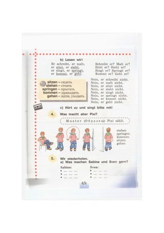 b) Lesen wir!
Er schreibt, er malt,
er sitzt, er steht,
er singt, er springt,
er kommt, er geht.
'"4M.
4.
Schreibt er? Malt er?
Sitzt er? Steht er?
Singt er? Springt er?
Kommt er? Geht er?
Nein, er schreibt nicht.
Nein, er malt nicht.
Nein, er sitzt nicht.
Nein, er steht nicht.
Nein, er singt nicht.
Nein, er springt nicht.
Nein, er kommt nicht.
Nein, er geht nicht.
c) Hört zu und singt bitte mit!
Was macht aber Pixi?
' 
{ M u s t e r ( О б р а з е ц ) : Pixi zählt.
sitzen — сидеть
stehen - стоять
springen - прыгать
kommen - приходить
gehen — идти, уходить
•
stehen
springen
kommen
sitzen
gehen
5. Wir wiederholen.
a) Was machen Sabine und Sven gern?
Sabine: Sven:
 