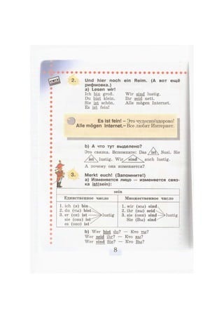 Und hier noch
рифмовка.)
a) Lesen wir!
Ich bin groß.
Du bist klein.
Sie ist schön.
Es ist fein!
ein Reim. (А вот ещё
Wir sind lustig.
Ihr seid nett.
Alle mögen Internet.
J Es ist fein! - Это чудесно/здорово!
Alle mögen Internet.-Все любят Интернет.
b) А что тут выделено?
Это связка. Вспомните: Das Susi. Sie
i s t  l u s t i g . W i r / ^ s i n a V auch lustig.
А почему она изменяется?
3. Merkt euch! (Запомните!)
а) Изменяется лицо — изменяется связ-
ка ist(sein):
sein
Единственное число Множественное число
1. ich (я) bin^
2. du (ты) b i s t  
3. er (oh) ist ^ ^ l u s t i g
sie (она) i s t ^ x
es (oho) i s t ^
1. wir (мы) sind
2. ihr (вы) s e i d  
3. sie (они) s i n d l u s t i g
Sie (Вы) s i n d - ^
b) Wer bist du? — Кто ты?
Wer seid ihr? Кто вы?
Wer sind Sie? — Кто Вы?
 