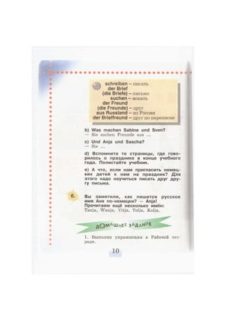 — писать
— письмо
— искать
# schreiben
der Brief
(die Briefe)
suchen
der Freund
(die Freunde)
aus Russland
der Brieffreund
-ДРУГ
- из России
— друг по переписке
b) Was machen Sabine und Sven?
— Sie suchen Freunde aus ...
c) Und Anja und Sascha?
— Sie ...
d) Вспомните те страницы, где гово-
рилось о празднике в конце учебного
года. Полистайте учебник.
e) А что, если нам пригласить немец-
ких детей к нам на праздник? Для
этого надо научиться писать друг дру-
гу письма.
Вы заметили, как пишется русское
имя Аня по-немецки? — Anja!
Прочитаем ещё несколько имён:
Tanja, Wanja, Vitja, Tolja, Kolja.
J f c Q N l A m H E E ЗАДДНИ
Е ^ ^
1. Выполни упражнения в Рабочей тет-
ради.
 