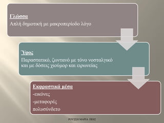 Γλώσσα
Απλή δημοτική με μακροπερίοδο λόγο
Ύφος
Παραστατικό, ζωντανό με τόνο νοσταλγικό
και με δόσεις χιούμορ και ειρωνείας
Εκφραστικά μέσα
-εικόνες
-μεταφορές
πολυσύνδετο
ΡΟΥΣΣΗ ΜΑΡΙΑ ΠΕ02
 