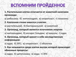 1. Растительная клетка отличается от животной наличием
органоида:
а) рибосома; б) митохондрия; в) хлоропласт; г) лизосома
2. Клеточная стенка имеется у клетки:
а) растительной; б) бактериальной; в) животной
3. Органоид, который является источником энергии:
а) митохондрия; б) аппарат Гольджи; в) вакуоль; г) ядро
4. Органоид, который хранит в себе наследственную
информацию:
а) ядро; б) ЭПС; в) хлоропласт; г) оболочка
5. Как называется среда клетки внутри которой происходят
обменные процессы:
а) ядро; б) цитоплазма; в) вода; г) ЭПС
 