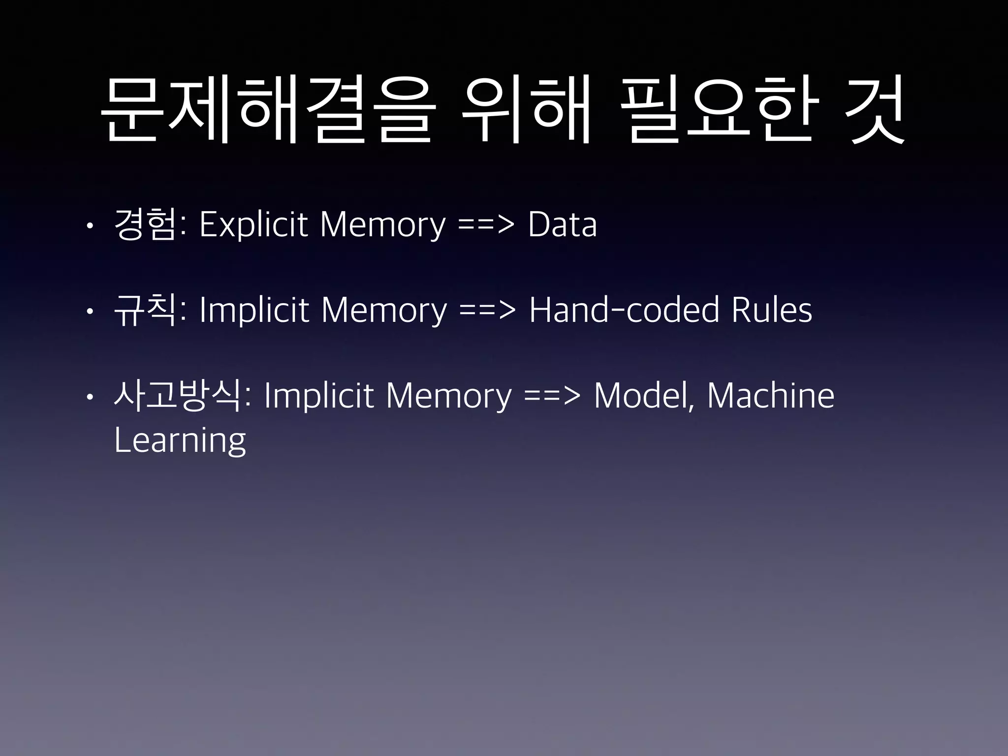 문제해결을 위해 필요한 것
• 경험: Explicit Memory ==> Data
• 규칙: Implicit Memory ==> Hand-coded Rules
• 사고방식: Implicit Memory ==> Model, Machine
Learning
 