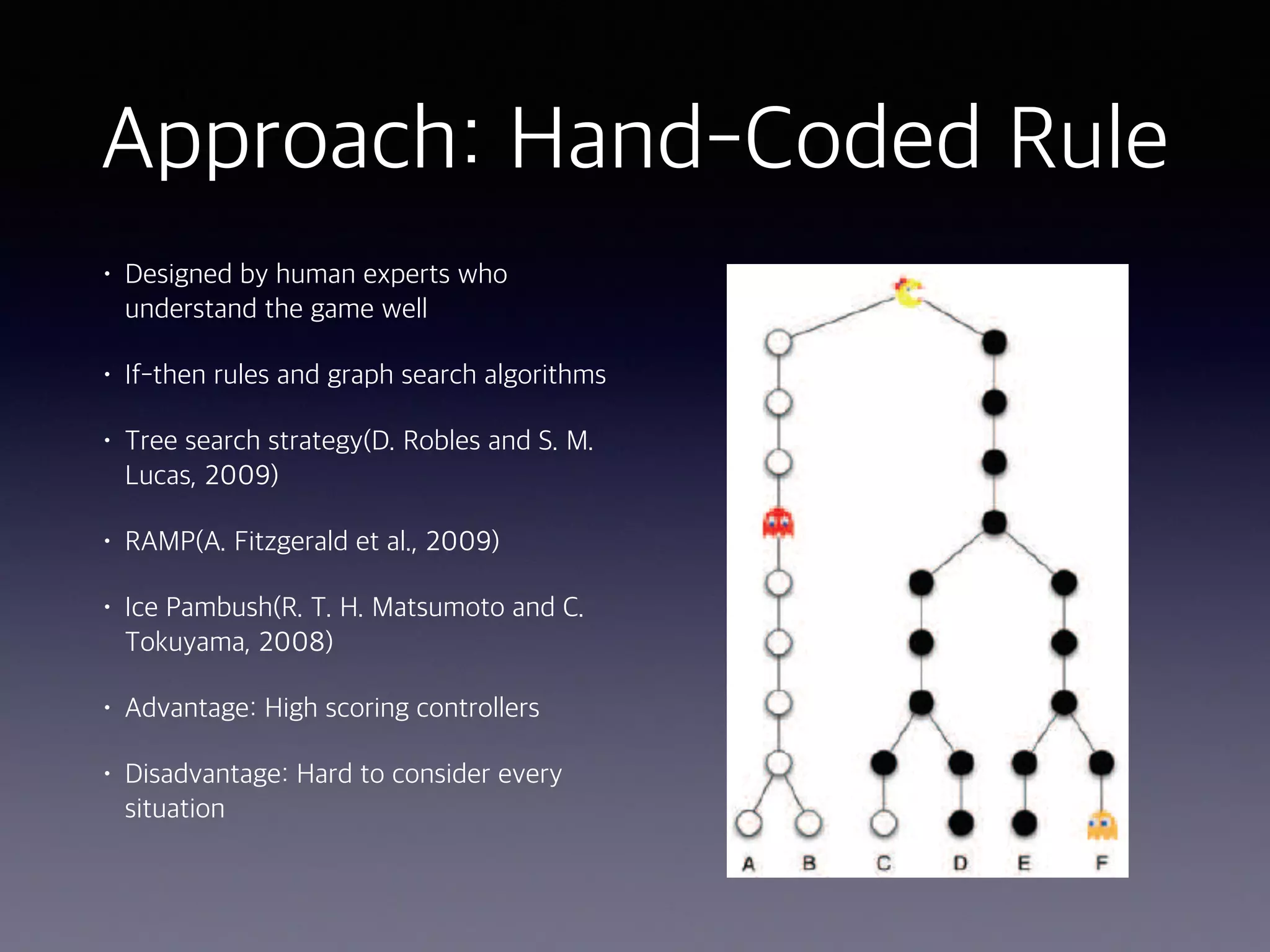 Approach: Hand-Coded Rule
• Designed by human experts who
understand the game well
• If-then rules and graph search algorithms
• Tree search strategy(D. Robles and S. M.
Lucas, 2009)
• RAMP(A. Fitzgerald et al., 2009)
• Ice Pambush(R. T. H. Matsumoto and C.
Tokuyama, 2008)
• Advantage: High scoring controllers
• Disadvantage: Hard to consider every
situation
 