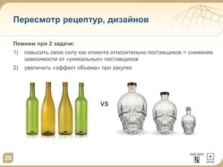 Пересмотр рецептур, дизайнов
Помним про 2 задачи:
1) повысить свою силу как клиента относительно поставщиков = снижение
зависимости от «уникальных» поставщиков
2) увеличить «эффект объема» при закупке
20
VS
 
