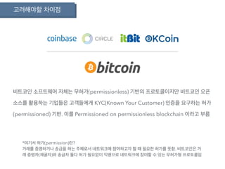 고려해야할 차이점
비트코인 소프트웨어 자체는 무허가(permissionless) 기반의 프로토콜이지만 비트코인 오픈
소스를 활용하는 기업들은 고객들에게 KYC(Known Your Customer) 인증을 요구하는 허가
(permissioned) 기반. 이를 Permissioned on permissionless blockchain 이라고 부름
*여기서 허가(permission)란?
거래를 증명하거나 송금을 하는 주체로서 네트워크에 참여하고자 할 때 필요한 허가를 뜻함. 비트코인은 거
래 증명자(채굴자)와 송금자 둘다 허가 필요없이 익명으로 네트워크에 참여할 수 있는 무허가형 프로토콜임
 