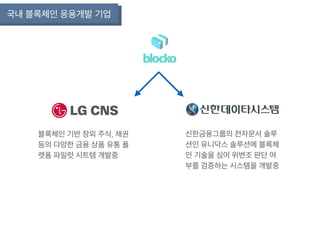 국내 블록체인 응용개발 기업
블록체인 기반 장외 주식, 채권
등의 다양한 금융 상품 유통 플
랫폼 파일럿 시트템 개발중
신한금융그룹의 전자문서 솔루
션인 유니닥스 솔루션에 블록체
인 기술을 심어 위변조 판단 여
부를 검증하는 시스템을 개발중
 