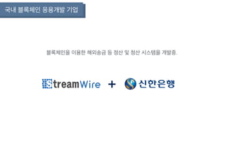 국내 블록체인 응용개발 기업
블록체인을 이용한 해외송금 등 정산 및 청산 시스템을 개발중.
+
 