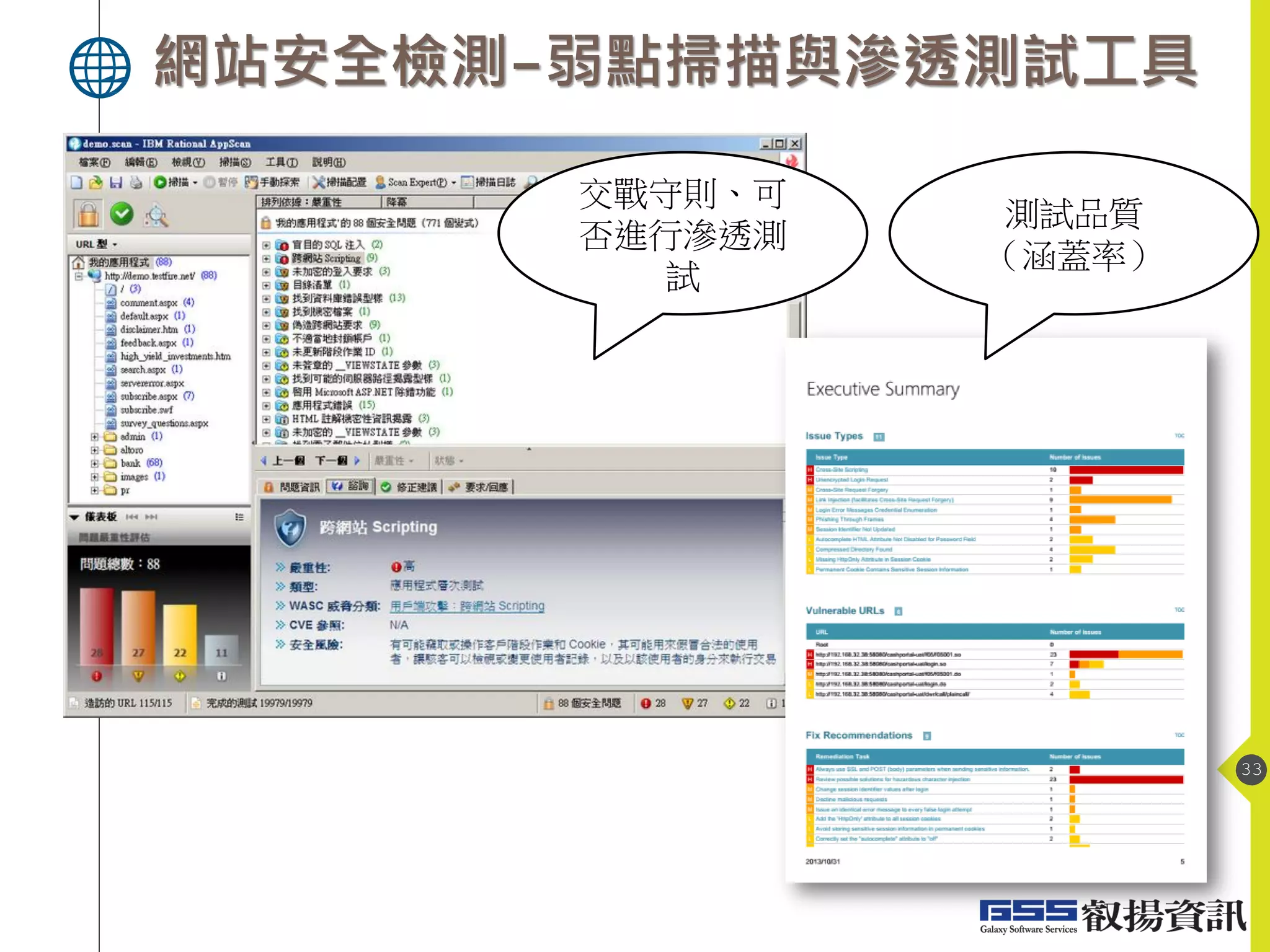 網站安全檢測-弱點掃描與滲透測試工具
33
交戰守則、可
否進行滲透測
試
測試品質
（涵蓋率）
 