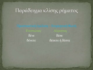 Προστακτική έγκλιση – Ενεργητική Φωνή
Ενεστώτας Αόριστος
δένε δέσε
δένετε δέσετε ή δέστε
 