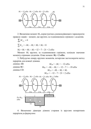 31
2. Визначимо момент М4, користуючись умовоюрівноваги і враховуючи
правило знаків – момент, що крутить за годинниковою стрілкою є додатнім.
 
i
iкрM 0
i
iкрM = М1  М2 + М3 + М4 = 0
М4 = М1 + М2  М3 = 12 + 7  21 = 2 кНм
Момент М4 крутить за годинниковою стрілкою, оскільки значення
моменту отримано додатнім. Отже момент М4 = 2 кНм.
3. Побудуємо епюру крутних моментів, почергово застосовуючи метод
перерізів для кожної ділянки.
ділянка AB: МАВ = М1 =  12 кНм
ділянка BC: МВC = М1  М2 =  12  7 =  19 кНм
ділянка CD: МCD = М1  М2 + M3
МCD =  12  7 + 21 = 2 кНм
4. Визначимо діаметри ділянок стержня із круглим поперечним
перерізом,за формулою:
М1 = 12 кНм М4 = 2 кНм
2 м
М2 = 7 кНм М3 = 21 кНм
2 м 4 м
А В С D
12
Еп Мкр,
кНм
19
2
М1 = 12 кНм М4
2 м
М2 = 7 кНм М3 = 21 кНм
2 м 4 м
А В С D
 