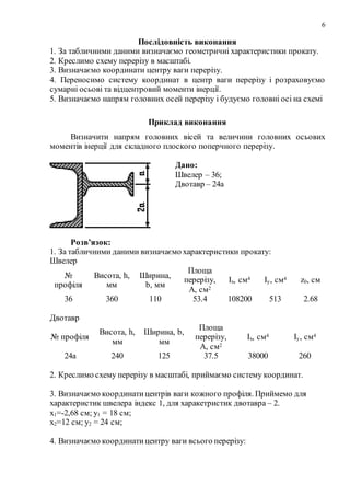 6
Послідовність виконання
1. За табличними даними визначаємо геометричні характеристики прокату.
2. Креслимо схему перерізу в масштабі.
3. Визначаємо координати центру ваги перерізу.
4. Переносимо систему координат в центр ваги перерізу і розраховуємо
сумарні осьові та відцентровий моменти інерції.
5. Визначаємо напрям головних осей перерізу і будуємо головні осі на схемі
Приклад виконання
Визначити напрям головних вісей та величини головних осьових
моментів інерції для складного плоского поперчного перерізу.
Дано:
Швелер – 36;
Двотавр – 24а
Розв’язок:
1. За табличними даними визначаємо характеристики прокату:
Швелер
№
профіля
Висота, h,
мм
Ширина,
b, мм
Площа
перерізу,
A, см2
Ix, см4 Iy, см4 z0, см
36 360 110 53.4 108200 513 2.68
Двотавр
№ профіля
Висота, h,
мм
Ширина, b,
мм
Площа
перерізу,
A, см2
Ix, см4 Iy, см4
24а 240 125 37.5 38000 260
2. Креслимо схему перерізу в масштабі, приймаємо систему координат.
3. Визначаємо координатицентрів ваги кожного профіля. Приймемо для
характеристик швелера індекс 1, для харакетристик двотавра – 2.
x1=-2,68 см; y1 = 18 см;
x2=12 см; y2 = 24 см;
4. Визначаємо координатицентру ваги всього перерізу:
 