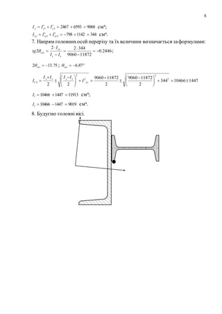 8
90606593246721  yyy III см4;
344114279821  xyxyxy III см4.
7. Напрям головнихосей перерізу та їх величини визначається заформулами:
2446.0
118729060
34422
2 






xy
xy
гол
II
I
tg  ;
75.132 гол ;  87.6гол
144710466344
2
118729060
2
118729060
22
2
2
2
2
2,1 




 







 


 xy
xyxy
I
IIII
I
119131447104661 I см4;
90191447104661 I см4.
8. Будуємо головні вісі.
 