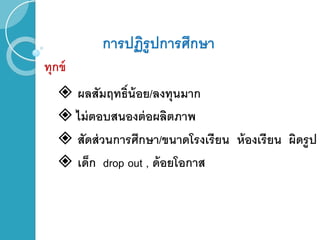 การปฏิรูปการศึกษา
ทุกข์
ผลสัมฤทธิ์น้อย/ลงทุนมาก
ไม่ตอบสนองต่อผลิตภาพ
สัดส่วนการศึกษา/ขนาดโรงเรียน ห้องเรียน ผิดรูป
เด็ก drop out , ด้อยโอกาส