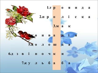 1.т р о я н д а
 
2.п р о л і с к а
3.м а к
 
4.к о н в а л і я  
5.в о л о ш к а  
6.д з в і н о ч к и  
7.к у л ь б а б а  
6
 