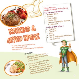 Το κρέας είναι γεμάτο με πρωτεΐνες 			
που χτίζουν γερό σώμα.
Καλό είναι να το τρώμε 2-3 φορές την εβδομάδα.
Να θυμάσαι:
•	 ΔΕΝ τρώμε αλλαντικά συχνά, 	
γιατί έχουν πολύ Άτακτο Αλάτι 		
και είναι βλαβερά.
•	 Μαζί με το κρέας ΠΑΝΤΑ τρώμε
και λαχανικά, ειδικά όταν η
μαμά μαγειρεύει νοστιμιές όπως
χοιρινό με σέλινο, αρνάκι φρικασέ,
μπριάμ με μοσχαράκι ή μελιτζάνες
παπουτσάκια με κιμά. Μμμμ!
ΚΟΚΚΙΝΟ &
ΛΕΥΚΟ ΚΡΕΑΣ
Ξέρεις ποιό είναι 			
το κόκκινο κρέας & ποιό το λευκό;
Στο κόκκινο κρέας ανήκουν:
•	 Μοσχάρι, βοδινό
•	 Χοιρινό
•	 Αρνί, πρόβατο
•	 Κατσίκι, γίδα
•	 Όλα τα επεξεργασμένα προϊόντα,
π.χ. αλλαντικά
Στο λευκό κρέας ανήκουν:
•	 Κοτόπουλο
•	 Γαλοπούλα
•	 Πάπια
•	 Κουνέλι
•	 Όλα τα επεξεργασμένα προϊόντα,
π.χ. αλλαντικά
11
 