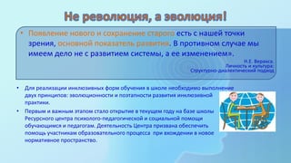 • Появление нового и сохранение старого есть с нашей точки
зрения, основной показатель развития. В противном случае мы
имеем дело не с развитием системы, а ее изменением».
Н.Е. Веракса.
Личность и культура:
Структурно-диалектический подход
• Для реализации инклюзивных форм обучения в школе необходимо выполнение
двух принципов: эволюционности и поэтапности развития инклюзивной
практики.
• Первым и важным этапом стало открытие в текущем году на базе школы
Ресурсного центра психолого-педагогической и социальной помощи
обучающимся и педагогам. Деятельность Центра призвана обеспечить
помощь участникам образовательного процесса при вхождении в новое
нормативное пространство.
 