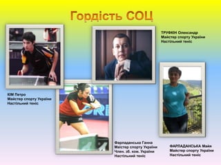 Фарладанська Ганна
Маістер спорту України
Член. зб. ком. України
Настільний теніс
ФАРЛАДАНСЬКА Майя
Майстер спорту України
Настільний теніс
КІМ Петро
Майстер спорту України
Настільний теніс
ТРУФКІН Олександр
Майстер спорту України
Настільний теніс
 