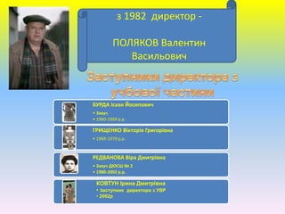 з 1982 директор -
ПОЛЯКОВ Валентин
Васильович
БУРДА Ісаак Йосипович
• Завуч
• 1960-1969 р.р.
ГРИЩЕНКО Вікторія Григорівна
• 1969-1979 р.р.
РЕДВАНОВА Віра Дмитрівна
• Завуч ДЮСШ № 2
• 1980-2002 р.р.
КОВТУН Ірина Дмитрівна
• заступник директора з УВР
• 2002р
 